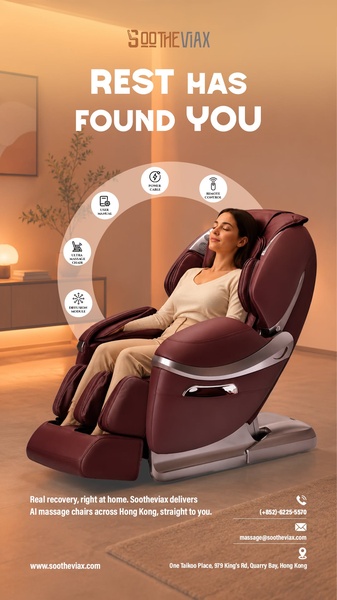 A high-end lifestyle shot of a woman relaxing in a massage chair, using a circular icon layout to display key features and benefits.