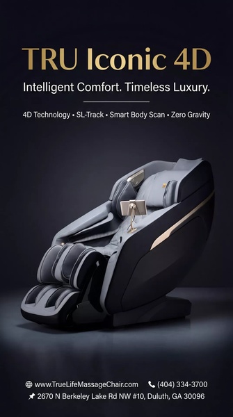 A dark-toned, high-end studio product shot of a luxury massage chair featuring clean typography and a concise feature list.