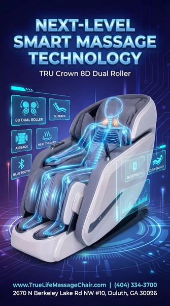 A 9:16 vertical ad creative featuring a 3D anatomical overlay on a high-tech massage chair, highlighting specific technical benefits like 8D rollers and heat therapy.