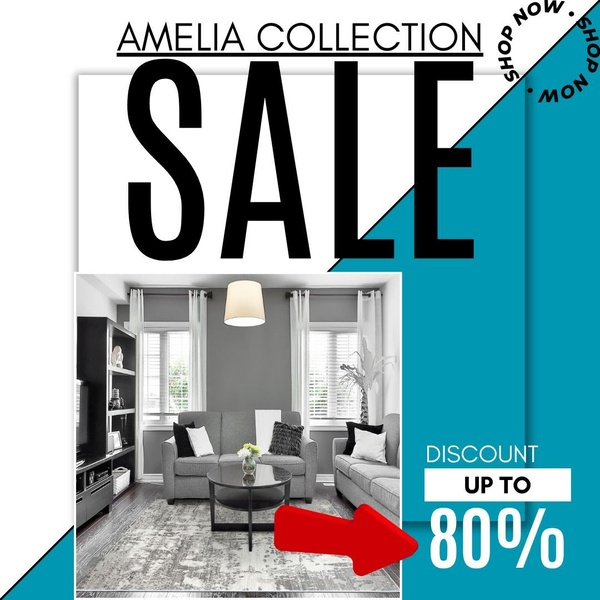 A square-ratio social media graphic featuring a high-contrast sale announcement for an area rug collection with a clear 80% off discount call-to-action.