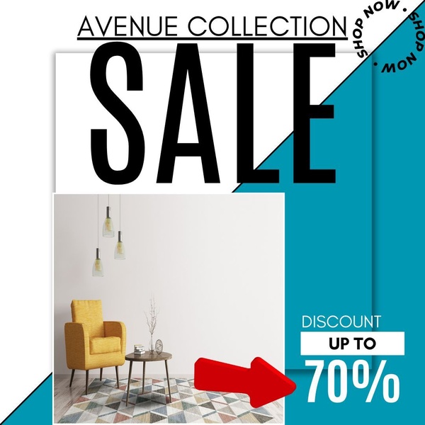 A square-format furniture sale advertisement featuring a minimalist product shot paired with bold, high-contrast typography and a clear directional call-to-action.