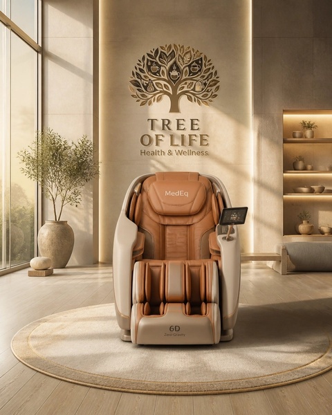 A high-end massage chair centered in a tranquil, luxury wellness space, utilizing symmetrical lighting and warm, neutral tones to emphasize premium comfort.