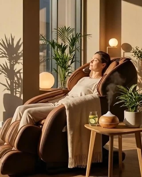 A high-end massage chair ad utilizing a calm, warm-toned aesthetic to emphasize relaxation and premium product value.