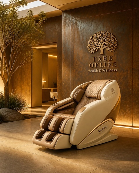 A high-end massage chair showcased in a minimalist, warm-toned luxury spa environment to convey relaxation and professional wellness.