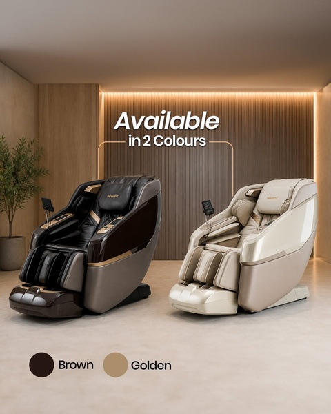 A high-end studio product shot showcasing two color variants of a luxury massage chair side-by-side against a warm, neutral background.