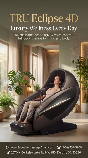 A high-end portrait creative featuring a model in a luxury home environment demonstrating a modern 4D massage chair.