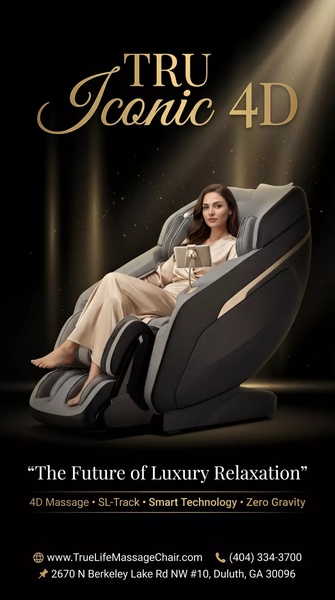 A high-end 9:16 vertical creative showcasing a massage chair in a dimly lit, sophisticated studio environment with a relaxed model.