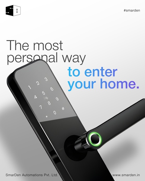 A high-contrast, professional product shot of a smart fingerprint lock system, emphasizing its sleek design and advanced entry method.
