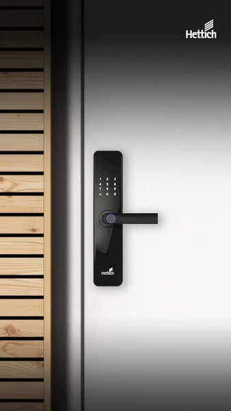 A clean, vertical creative showcasing a smart door lock with biometric fingerprint technology against a modern wooden and white interior backdrop.