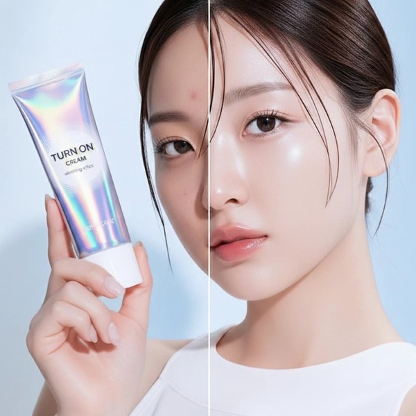 A split-screen comparison showcasing the immediate brightening effect of the cream on a user's skin.