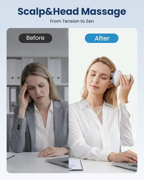 A split-screen comparison showing a user experiencing tension before using the device versus the calm, relaxed state achieved after using the scalp massager.