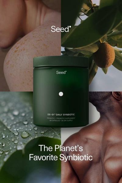 A collage-style creative for a synbiotic supplement featuring the product bottle centered amongst natural, human-focused, and organic textures.