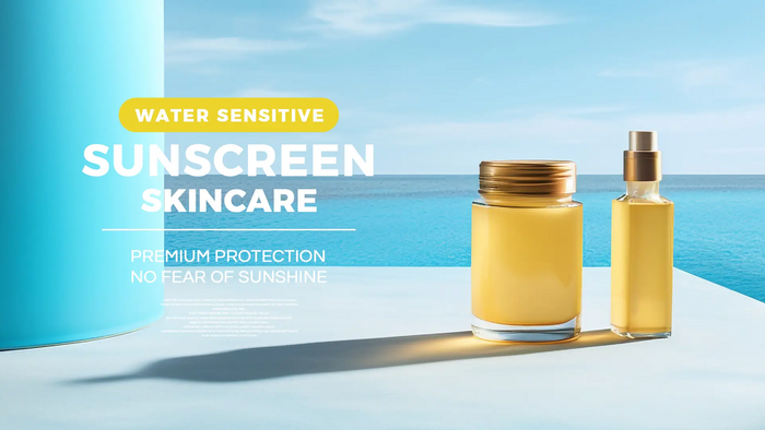 A high-end, minimalist studio photograph featuring sunscreen bottles placed on a bright, ocean-view platform to evoke a premium and refreshing summer vibe.