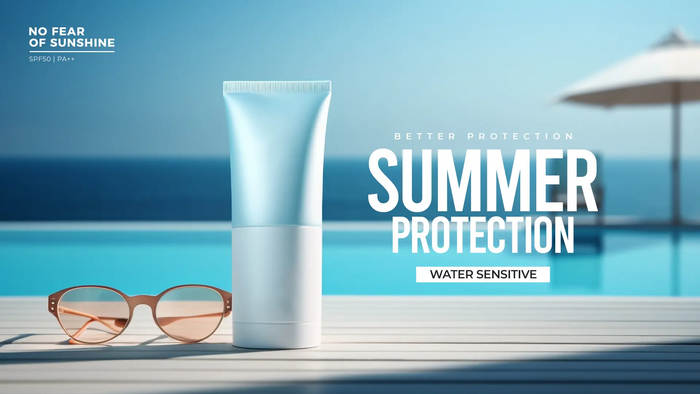 A high-end product photography shot of a sunscreen tube placed on a light wooden deck, with a pool and umbrella in the background.