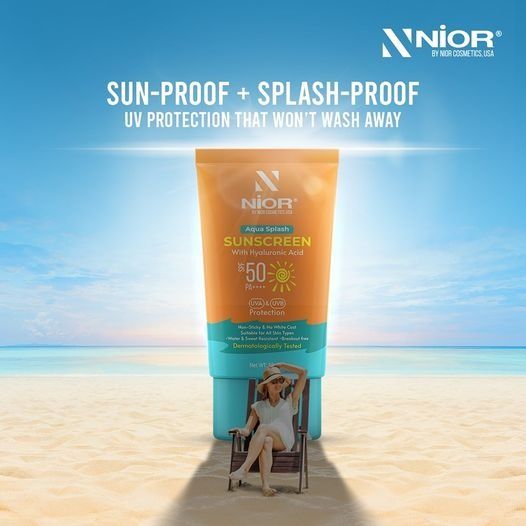 A bright, summer-themed product ad showcasing sunscreen placed on a beach with a person relaxing, highlighting durability and protection.