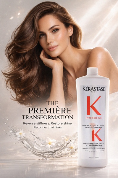 A high-end studio shot of a hair repair serum featuring a model with healthy, voluminous hair and water-based, natural elements to convey deep hydration.
