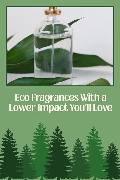 A minimalist, eco-conscious ad featuring a glass perfume bottle against a soft green backdrop with stylized pine trees.