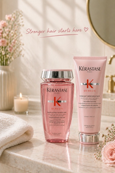 A high-end product photography shot featuring a hair fortifying shampoo and conditioner set in a serene, natural bathroom setting.