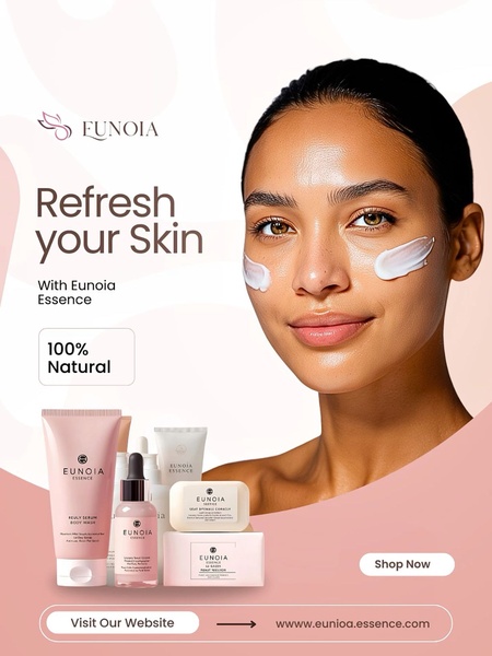 A clean, studio-lit skincare advertisement featuring a model with product application and a flat-lay of the brand's full range.
