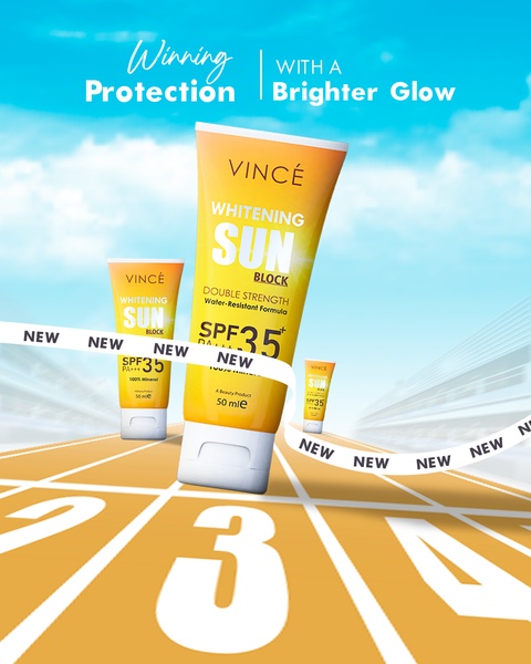 A high-contrast visual featuring sunblock tubes on a racetrack, symbolizing winning performance and premium protection.
