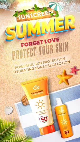A high-visibility, summer-themed ad creative for sunscreen lotion, featuring a beach setting, sand textures, and bold typography to emphasize sun protection.