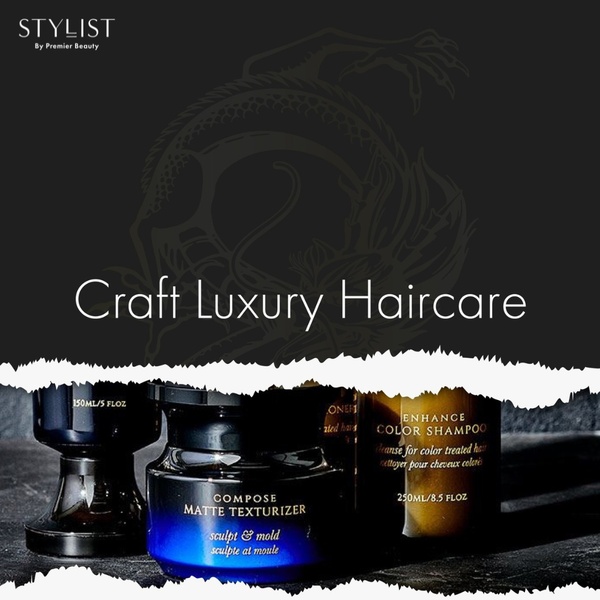 A high-end product display ad featuring professional matte texturizer and color shampoo jars set against a dark, textured background.