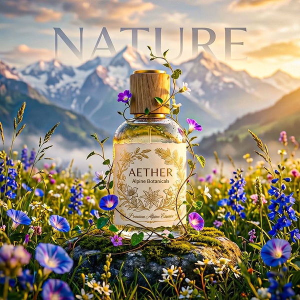 A premium perfume bottle placed on a mossy rock in an expansive, high-altitude alpine meadow at sunset, emphasizing natural purity.
