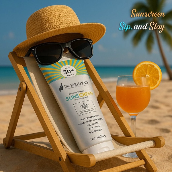 A creative featuring a bottle of sunscreen wearing a hat and sunglasses in a beach chair, accompanied by a tropical drink.