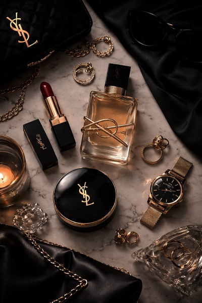 A high-end editorial product shot featuring perfume, lipstick, compact powder, and jewelry on a marble surface.