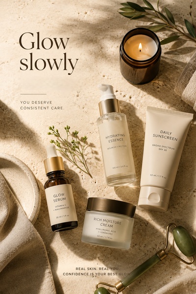 This creative showcases a complete skincare regimen with a warm, textured aesthetic, using soft lighting to convey a premium, self-care focused brand identity.
