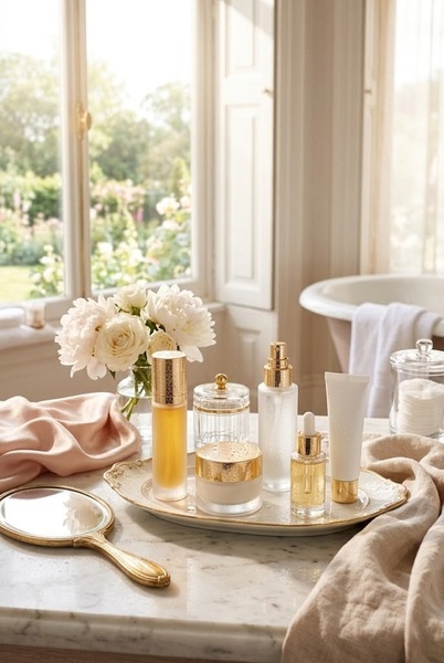 A high-end, bright, and airy product photography shot of a luxury skincare collection arranged on a vanity with natural morning light.
