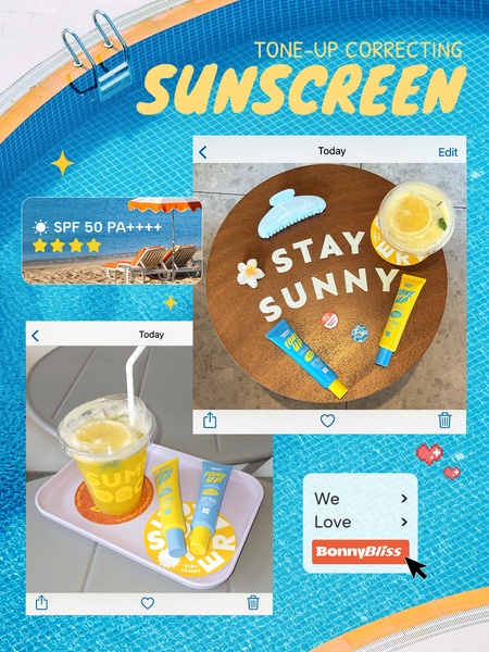 A high-conversion aesthetic ad featuring tone-up sunscreen tubes poolside with summery props.
