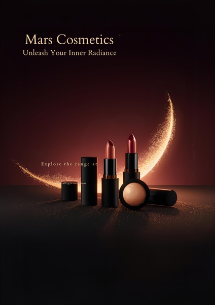 A high-end product showcase featuring lipstick tubes arranged with a glowing golden crescent light element on a dark, moody background.