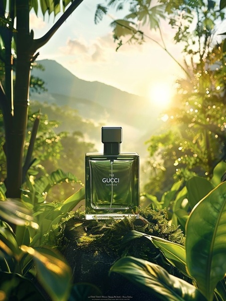A luxury perfume bottle resting on moss at sunset in a lush forest environment.