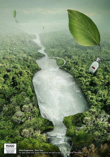 This ad visualizes the brand's commitment to the Amazonian Rainforest by morphing a river into the shape of a fragrance bottle, emphasizing environmental impact.