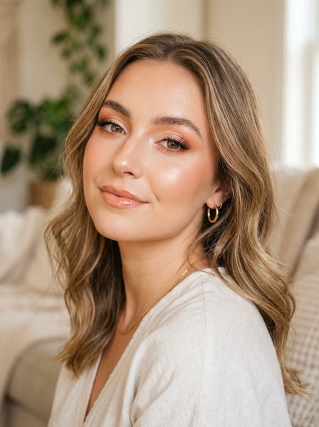 A close-up portrait of a model showcasing a natural, dewy makeup look with soft, warm lighting.