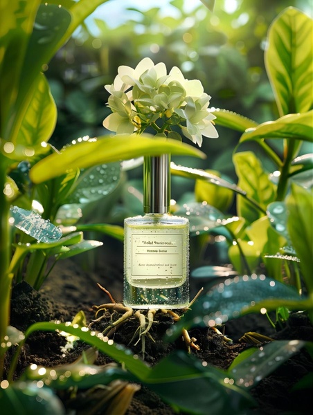 A luxury perfume bottle placed in a lush, dewy garden environment, emphasizing botanical ingredients and a clean organic aesthetic.