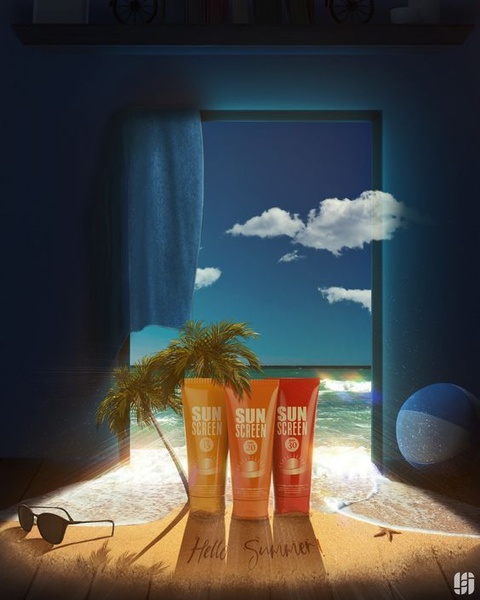 A creative showing three sunscreen bottles placed on a sandy beach threshold that opens up to a bright blue sky and ocean view.