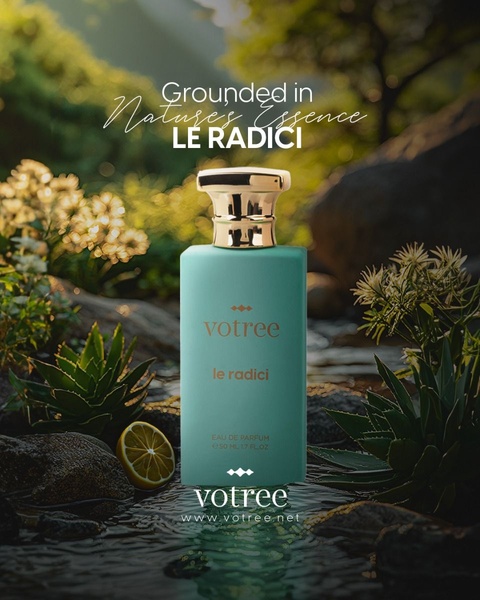 A high-end 4:5 perfume product shot featuring the brand bottle set against a serene water and forest-inspired background.