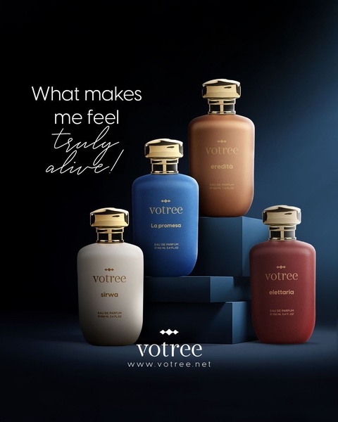 A high-end 4:5 studio shot displaying four distinct bottles of Votree perfume on minimalist geometric pedestals.