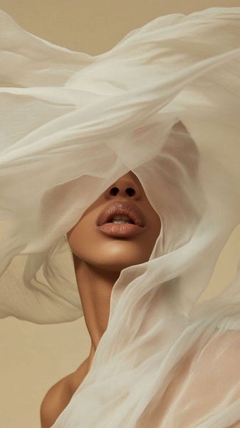 A high-fashion, minimalist close-up of a person with a sheer white silk fabric covering the face, focusing on skin texture and elegance.
