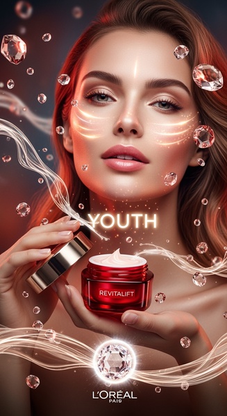 A high-end beauty advertisement showcasing an anti-aging face cream surrounded by floating diamonds and ethereal light waves to communicate luxury and youth.