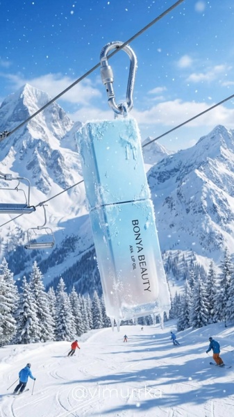 A high-contrast 9:16 vertical image featuring a luxury lip oil product suspended in a winter landscape, emphasizing a premium and chilly aesthetic.