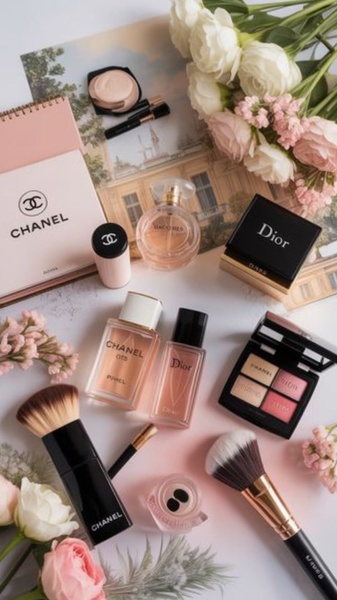 A high-end, top-down flat-lay shot featuring luxury cosmetics, fragrances, and fresh flowers on a soft white surface.