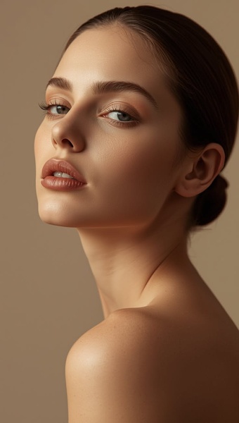 A high-end portrait of a model with natural, radiant skin using soft neutral tones to convey purity and luxury.