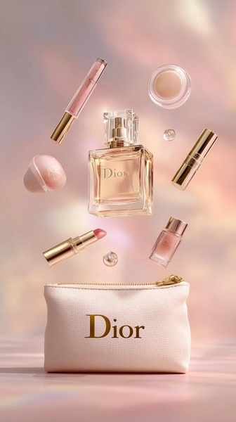 A refined product arrangement featuring a Dior fragrance, lipstick, and various beauty essentials floating against a soft, ethereal gradient background.