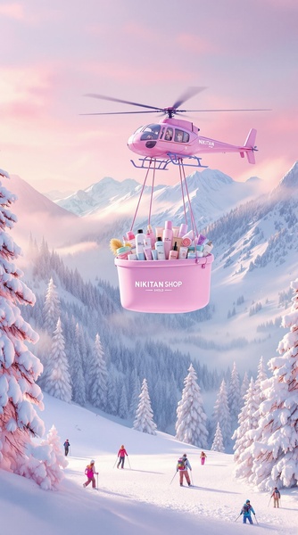 A surreal 9:16 vertical creative showing a pink helicopter air-dropping a basket filled with skincare bottles and jars over a snowy mountain range.