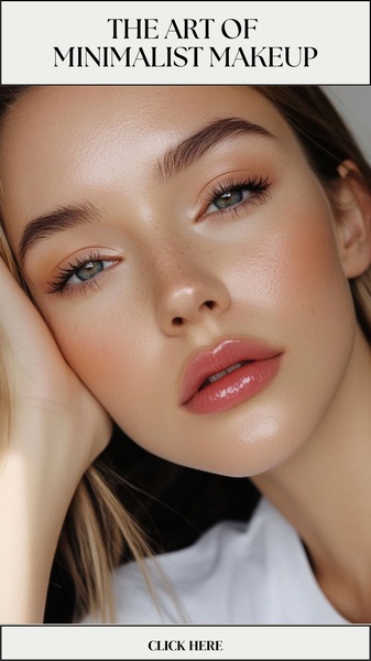 A high-end portrait style ad showcasing a natural makeup look with clean, minimalist typography and a soft, warm aesthetic.