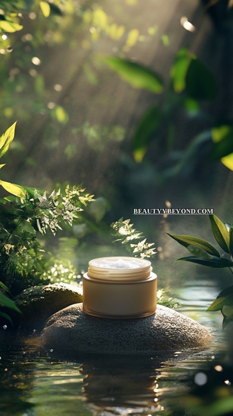 A high-quality product shot of a facial cream jar sitting on a stone in a misty, sun-drenched forest pond.