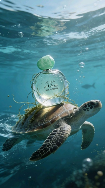 A luxury perfume bottle resting on a sea turtle shell beneath the ocean surface, utilizing natural light and serene blue tones to evoke freshness.